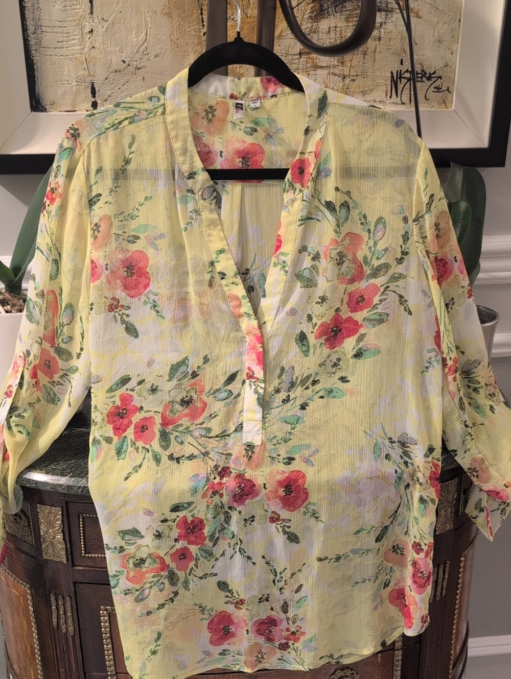 Kut from the Kloth Sheer Yellow Floral Tunic Blouse. Size L
